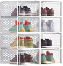 Carica l'immagine nel visualizzatore di Gallery, SONGMICS Scatole per Scarpe, Contenitori per Scarpe, Organizzatori Portascarpe Pieghevoli e Impilabili, Fino alla Taglia 43, Set di 8, Trasparente e Bianco Nuvola LSP066W08