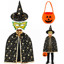 Carica l'immagine nel visualizzatore di Gallery, Costume di Halloween per bambini, mantello da strega con cappello, zucca, borsa per caramelle, mantello da mago con ogge