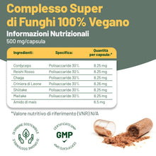 Carica l'immagine nel visualizzatore di Gallery, Vegan Vitality Integratore di 6 Funghi: Reishi, Lions Mane, Cordyceps, Chaga, Shiitake e Maitake - 120 Capsule da 500mg 