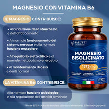 Carica l'immagine nel visualizzatore di Gallery, SALUSEI Magnesio Bisglicinato 1875 mg per Dose con Vitamina B6 – 375 mg di Magnesio Elementare (100% VNR) – Integratore 