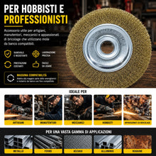 Carica l'immagine nel visualizzatore di Gallery, Topolenashop Spazzola Circolare per Mola da Banco 150 mm – Disco con Setole in Acciaio Ottonato e Adattatori Albero – pe