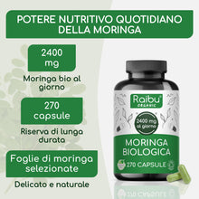 Carica l'immagine nel visualizzatore di Gallery, Moringa Capsule Biologica, 2400 mg per Dose - 270 capsule di Moringa Oleifera in polvere - Fonte di Vitamine, Minerali e