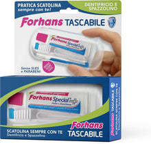 Carica l'immagine nel visualizzatore di Gallery, Forhans, Kit Tascabile da Viaggio, Confezione Composta da Dentifricio Gengivario Special con Zinco Cloruro e Spazzolino, Ideale Fuori Casa, per Igiene Orale, Gengive Sane, Dentifricio Formato 12,5 ml