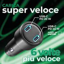 Carica l'immagine nel visualizzatore di Gallery, Caricabatterie Rapido 65W -2 Porte: 1xUSB-C 20W PD + 1xUSB-C 45W PD - LED Attivo - Ricarica Sicura in Auto - Adatto a Tu