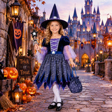 Carica l'immagine nel visualizzatore di Gallery, Costume da Strega Stelle Blu, Vestito Strega Halloween Completo con Cappello, Bacchetta Magica e Borsa, Costume Cosplay 