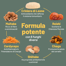 Carica l'immagine nel visualizzatore di Gallery, Vegan Vitality Integratore di 6 Funghi: Reishi, Lions Mane, Cordyceps, Chaga, Shiitake e Maitake - 120 Capsule da 500mg 