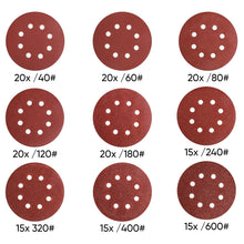 Carica l'immagine nel visualizzatore di Gallery, SHALL 160 pezzi 125mm dischi abrasivi, (gancio e anello 9 tipi grana mista), 8 fori 5 pollici dischi abrasivi rotondi pa