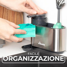 Carica l'immagine nel visualizzatore di Gallery, Vileda Sink Organizer con Dispenser di Sapone in Acciaio Inox - Porta Spugne da Cucina indipendente - Organizer Lavastoviglie con Dispenser di Sapone per Spugne e Spazzole - Durevole e Antiruggine