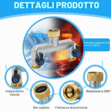 Carica l'immagine nel visualizzatore di Gallery, Distributore di Acqua a 2 Vie per Rubinetto, Adattatore per Rubinetto a 3/4 da Giardino, Adattatore per Tubo a 2 Vie in 