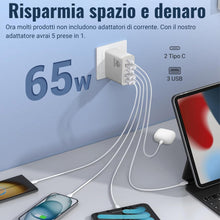 Carica l'immagine nel visualizzatore di Gallery, Caricatore USB C 65W GaN Ricarica Rapida Caricabatterie 5 Porte 3 USB + 2 USB C PD3.0 PPS Compatibile MacBook Air Pro De