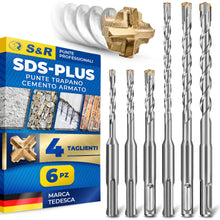 Carica l'immagine nel visualizzatore di Gallery, S&amp;R Set Punte Trapano SDS-Plus a 4 taglienti - 6 Punte per CEMENTO ARMATO e Muratura. Ø 5/6/8 x 11cm - 6/8/10 x 16cm. Pu