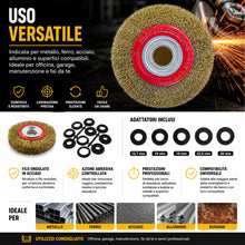 Carica l'immagine nel visualizzatore di Gallery, Topolenashop Spazzola Circolare per Mola da Banco 150 mm – Disco con Setole in Acciaio Ottonato e Adattatori Albero – pe