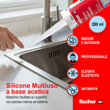 Carica l'immagine nel visualizzatore di Gallery, Fischer Silicone Acetico Multiuso Bianco SAM 280 ml, Sigillante Antimuffa per Vetro, Alluminio, Smalto, Ceramica, Adatto