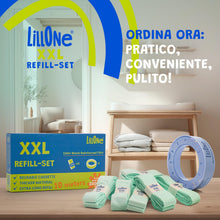 Carica l'immagine nel visualizzatore di Gallery, LillOne XXL-SET 10 Ricariche da Oltre 10 Metri + 1 Cassetta Riutilizzabile - Compatibili con Mangiapannolini Maialino Fo