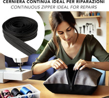 Carica l'immagine nel visualizzatore di Gallery, IPEA Cerniera Lampo Catena Continua misura #5 Nera - [ 5 METRI + 15 CURSORI IN METALLO ] - Made in Italy - Zip Ritagliabile per Cucito, Abbigliamento, Accessori - Larghezza 30 mm - Nero Grigio