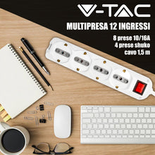 Carica l'immagine nel visualizzatore di Gallery, V-TAC Multipresa Elettrica 12 PRESE con Interruttore e Cavo 1,5Mt - 8 Prese Laterali 10/16A Bipasso e 4 Frontali 10/16A 