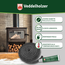 Carica l'immagine nel visualizzatore di Gallery, Set completo Veddelholzer Ø 8 mm nastro sigillante per stufe, guarnizione per forni, cavo sigillante, accessori per cami