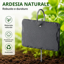 Carica l'immagine nel visualizzatore di Gallery, Etichette per Piante in Ardesia Naturale, 10 Pezzi 10 x 7 cm con Aste in Metallo, Doppia Faccia, 2 Gessetti Inclusi, Car