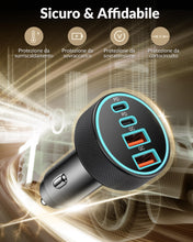 Carica l'immagine nel visualizzatore di Gallery, 90W Caricatore Auto USB C, 4 Porte USB A &amp; C Caricabatterie PD/QC Presa 12V
