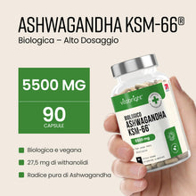 Carica l'immagine nel visualizzatore di Gallery, Ashwagandha KSM-66 Capsule Bio | 5500 mg Derivato da 550 mg di Estratto Alta Concentrazione in Polvere | 3 Mesi | Ashwag