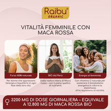 Carica l'immagine nel visualizzatore di Gallery, Maca Rossa Peruviana BIO - 180 capsule da radice di Maca Peruviana - Equilibrio ormonale per donna - 3.200mg per dose gi