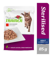 Carica l'immagine nel visualizzatore di Gallery, Natural Trainer Sterilised Adult Cibo Umido per Gatti con Manzo e Fibra di Pisello 12 buste x 85 g - 1020 gr
