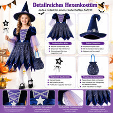 Carica l'immagine nel visualizzatore di Gallery, Costume da Strega Stelle Blu, Vestito Strega Halloween Completo con Cappello, Bacchetta Magica e Borsa, Costume Cosplay 