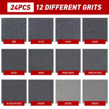 Carica l'immagine nel visualizzatore di Gallery, 24 Pezzi Spugna Abrasive Grana 80-3000, Spugne Abrasive da Fine a Grossa, Paglietta Abrasiva Carta Vetrata per Legno, Mu