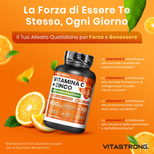 Carica l'immagine nel visualizzatore di Gallery, Vitamina C 1000mg Zinco Vitastrong Vegan, 1 Compressa/Giorno (Scorta 5 Mesi) Qualità Premium, Vitamina C Zinco Integrato