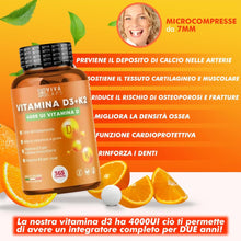Carica l'immagine nel visualizzatore di Gallery, Vitamina d3 k2 mk7 vegana alto dosaggio 365 Micro compresse, Vitamina d3 4000 ui e 200 mcg di Menachinone per sistema im