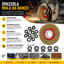 Carica l'immagine nel visualizzatore di Gallery, Topolenashop Spazzola Circolare per Mola da Banco 150 mm – Disco con Setole in Acciaio Ottonato e Adattatori Albero – pe