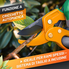 Carica l'immagine nel visualizzatore di Gallery, GRÜNTEK Forbici Cesoie da Potatura a Cricchetto Automatico Gialle Giardinaggio Professionali 20.5 cm GUFO