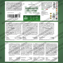 Carica l'immagine nel visualizzatore di Gallery, Bandini® Vitamina K2 MK7 200µg | 400 Compresse | Menachinone Alto Dosaggio