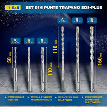 Carica l'immagine nel visualizzatore di Gallery, S&amp;R Set Punte Trapano SDS-Plus a 4 taglienti - 6 Punte per CEMENTO ARMATO e Muratura. Ø 5/6/8 x 11cm - 6/8/10 x 16cm. Pu