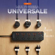 Carica l'immagine nel visualizzatore di Gallery, Multipresa Universale 8 in 1 da Viaggio con 4 Prese Internazionali, 2 USB-A e 2 USB-C, 5 Interruttori Indipendenti, Cavo