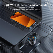 Carica l'immagine nel visualizzatore di Gallery, PORTENTUM Caricatore Auto Triplo e Simultaneo 200W – Include Cavo da 100W USB-C – Carica Batteria per Auto Cellulare – 2