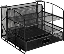Carica l'immagine nel visualizzatore di Gallery, Amazon Basics Rettangolare Organizer da scrivania con 3 ripiani, cassetto a scorrimento e scomparto per appendere i documenti, Nero