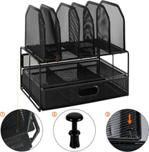 Carica l'immagine nel visualizzatore di Gallery, Amazon Basics Organizer da scrivania in rete con cassetto a scorrimento, due scomparti e 5 sezioni verticali, Nero