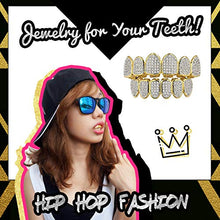 Carica l'immagine nel visualizzatore di Gallery, 24K Gold Plated Iced Out Grillz Con Diamanti Micropave CZ + 2 barre di... - Ilgrandebazar