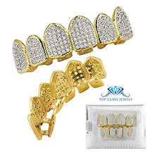 Carica l'immagine nel visualizzatore di Gallery, 24K Gold Plated Iced Out Grillz Con Diamanti Micropave CZ + 2 barre di... - Ilgrandebazar