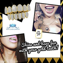 Carica l'immagine nel visualizzatore di Gallery, 24K Gold Plated Iced Out Grillz Con Diamanti Micropave CZ + 2 barre di... - Ilgrandebazar