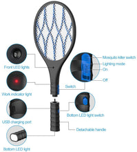 Carica l'immagine nel visualizzatore di Gallery, Racchetta Zanzare Elettrica Ricaricabile 2 in 1, Swatter Insetti Elettrico 3800V con 2 Luce LED, Racchetta Anti Insetti con Manico Staccabile, Torcia Rimovibile, Protezione Maglia a Doppio Strato