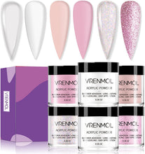 Carica l'immagine nel visualizzatore di Gallery, Vrenmol - Set di polvere acrilica in 6 colori acrilici, set professionale per unghie in polimero glitterato acrilico per l'estensione delle unghie e design 3D, senza bisogno di lampada per unghie
