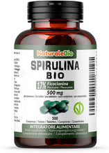 Carica l'immagine nel visualizzatore di Gallery, Alga Spirulina Biologica in Compresse da 500mg (500 compresse). 100% Bio, Naturale e Pura, Ficocianina al 17%. Coltivata in India, Tamil Nadu. Integratore adatto a Vegetariani e Vegani. NaturaleBio
