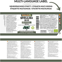 Carica l'immagine nel visualizzatore di Gallery, Alga Spirulina Biologica in Compresse da 500mg (500 compresse). 100% Bio, Naturale e Pura, Ficocianina al 17%. Coltivata in India, Tamil Nadu. Integratore adatto a Vegetariani e Vegani. NaturaleBio